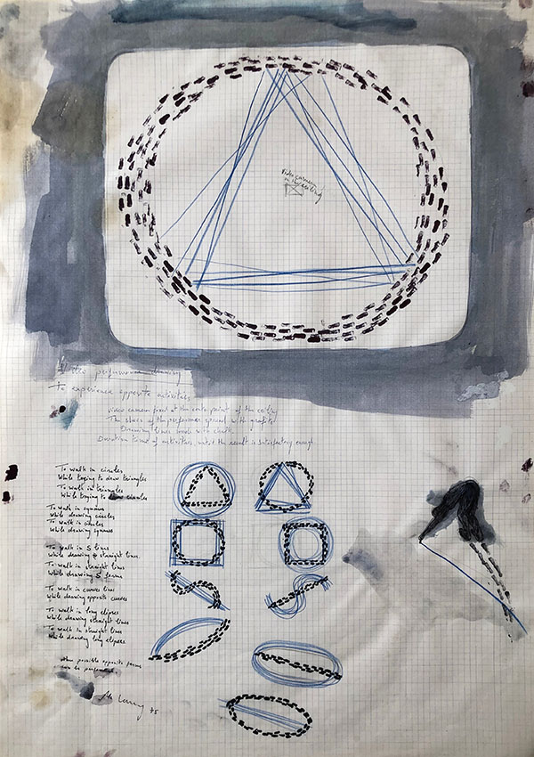 Micha Laury, Study for Experience opposite activities performance (geometric forms),1975. Encre et crayons sur papier, 65 x 46 cm. Achat à l’artiste. Collection Frac Franche-Comté. © Adagp, Paris