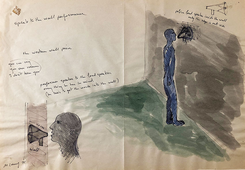 Micha Laury, Study for Speak to the wall performance, 1975. Encre, aquarelle et crayons sur papier, 31 x 44 cm. Achat à l’artiste. Collection Frac Franche-Comté. © Adagp, Paris
