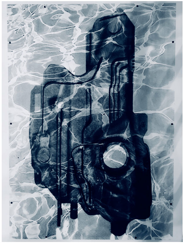 Samir Mougass, Pollution Rising, 2018. Sérigraphie sur morceau de piscine découpé, 101 x 70 centimètres. Achat à la galerie Galerie Eric Mouchet. Collection FRAC-Artothèque Nouvelle- Aquitaine, © droits réservés.