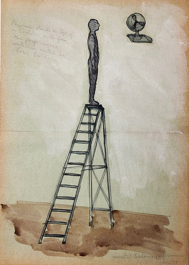 Micha Laury, Study for Mental balance performance, 1975.Encre, aquarelle et crayons sur papier, 39,5 x 28 cm. Achat à l’artiste. Collection Frac Franche-Comté. © Adagp, Paris