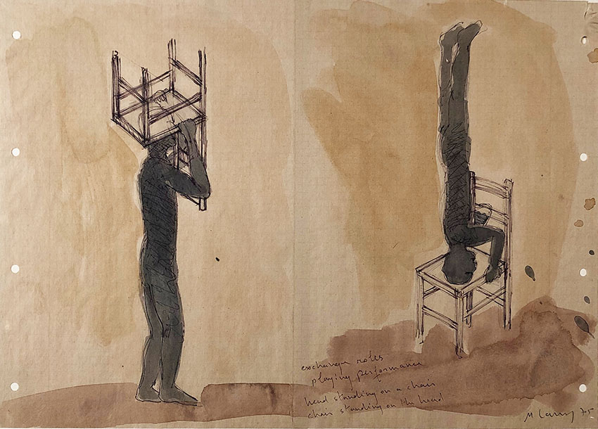 Micha Laury, Study for Exchange roles performance, 1975.Encre, aquarelle et crayons sur papier, 29,5 x 41 cm. Achat à l’artiste. Collection Frac Franche-Comté. © Adagp, Paris