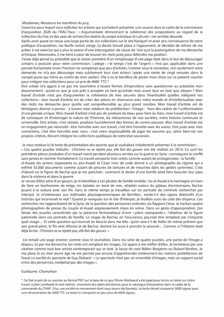 Guillaume Chamahian, Mesdames, messieurs les membres du jury 2020, Septembre 2020. Encre et papier blanc 90gr, 29,7 x 21 cm. Achat à l'artiste. Collection Frac Provence-Alpes-Côte d'Azur. © droits réservés