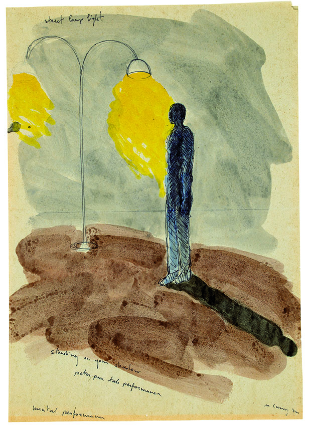 Micha Laury, Study for Standing on my shadow performance, 1974. Encre, aquarelle et crayons sur papier,44 x 31 cm. Achat à l’artiste. Collection Frac Franche-Comté. © Adagp, Paris