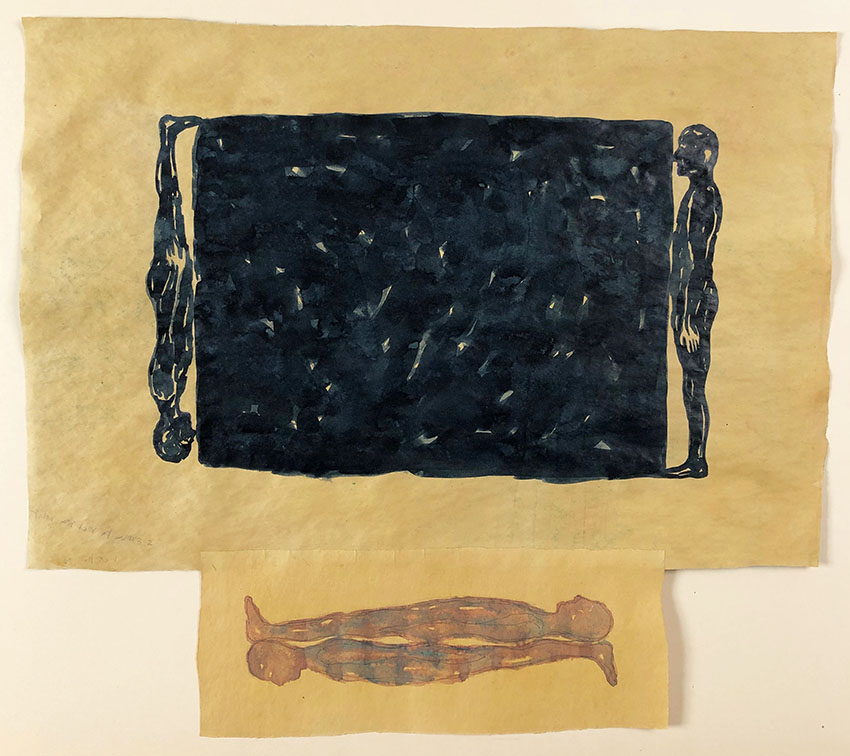 Micha Laury, Untitled (cubic water tank with two figures),1968.Encre, aquarelle et crayons sur papier, 49 x 55,5 cm. Don de l’artiste. Collection Frac Franche-Comté. © Adagp, Paris