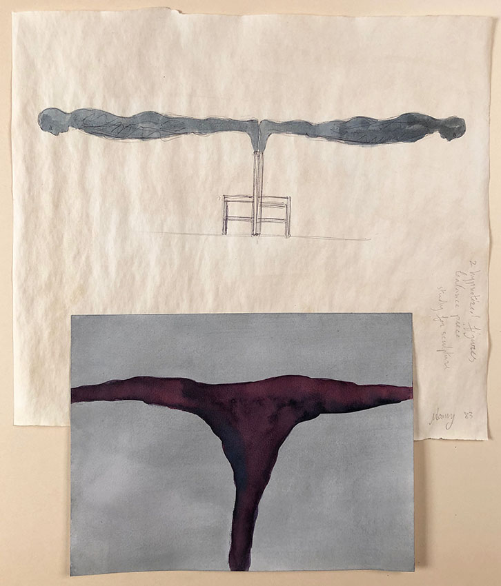 Micha Laury, Study for Two hypnotized figures sculpture,1983.Encre, aquarelle et crayons sur papier, 52 x 44,5. Don de l’artiste.Collection Frac Franche-Comté. © Adagp, Paris