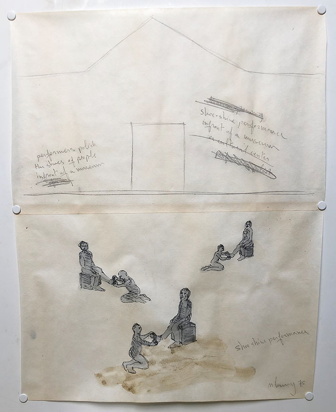 Micha Laury, Study for Shoe-shine performance, 1975.Encre, aquarelle et crayons sur papier, 49 x 39 cm. Don de l’artiste.Collection Frac Franche-Comté. © Adagp, Paris