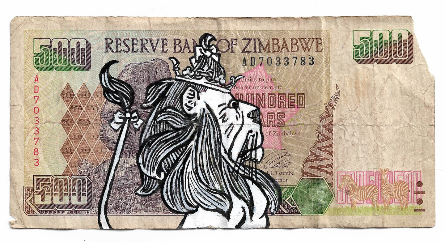 Michael White, Pay the Bearer on Demand, 2016-2018. Peinture sur billets de dollar Zimbabwéen dévalués, 7,4 x 14,7 cm chaque. Achat à l’artiste. Collection FRAC Champagne-Ardenne. ©DR