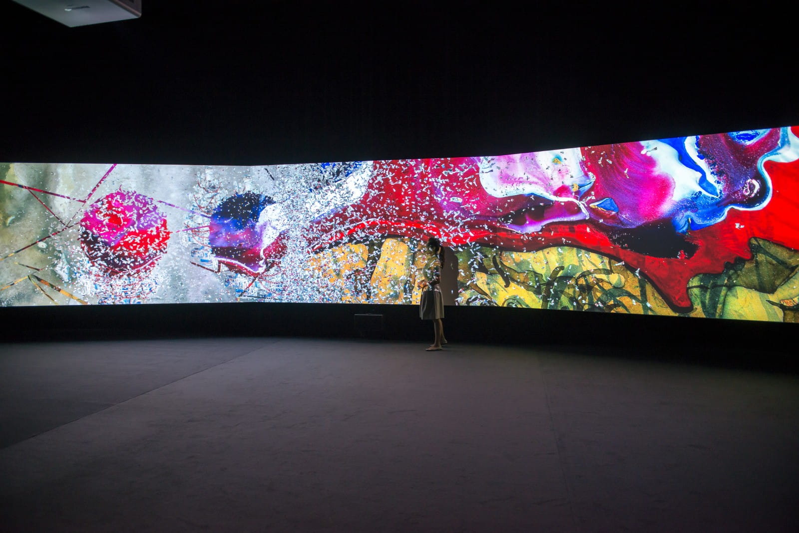 Shahzia Sikander, Parallax, 2013. Three-channel, single-image HD video animation, with 5.1 surround sound. 15 minutes, 26 seconds, music by Du Yun. Shahzia Sikander, Parallax, installation view, Guggenheim Museum, Bilbao, Spain, 2015. © 2021 Shahzia Sikander. Courtesy: the artist and Sean Kelly, New York.
