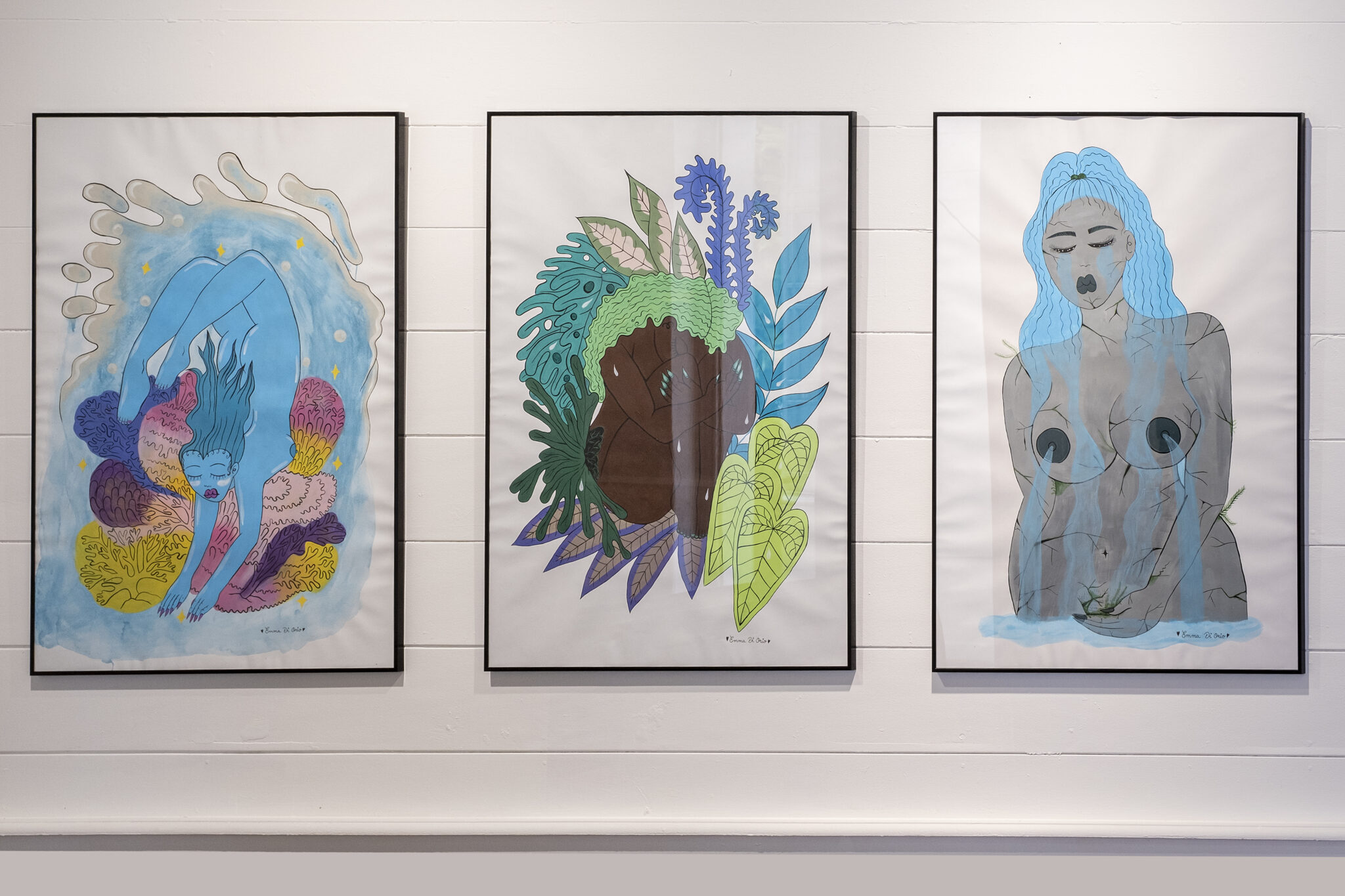 Emma Di Orio, Océan, 2020 / Forest, 2020 /Waterfall, 2020, Acrylique et encre sur papier, 1m x 70 cm. © Jacques Kuyten