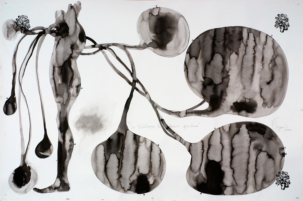 Barthelemy Toguo, Le printemps des amours perdus, 2009, Encre de Chine, 120 × 160 cm. Collection FRAC RÉUNION (Adagp, Paris, 2023).