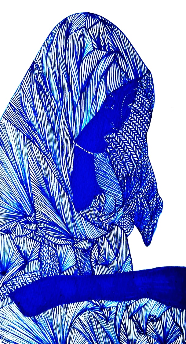 Michèle Magema, Bana Ya Mayi, Les enfants de l’eau, 9, 2020, Dessin, Encre acrylique bleue, noire et couleur, 40 × 50 cm. Collection FRAC RÉUNION (Adagp, Paris, 2023).