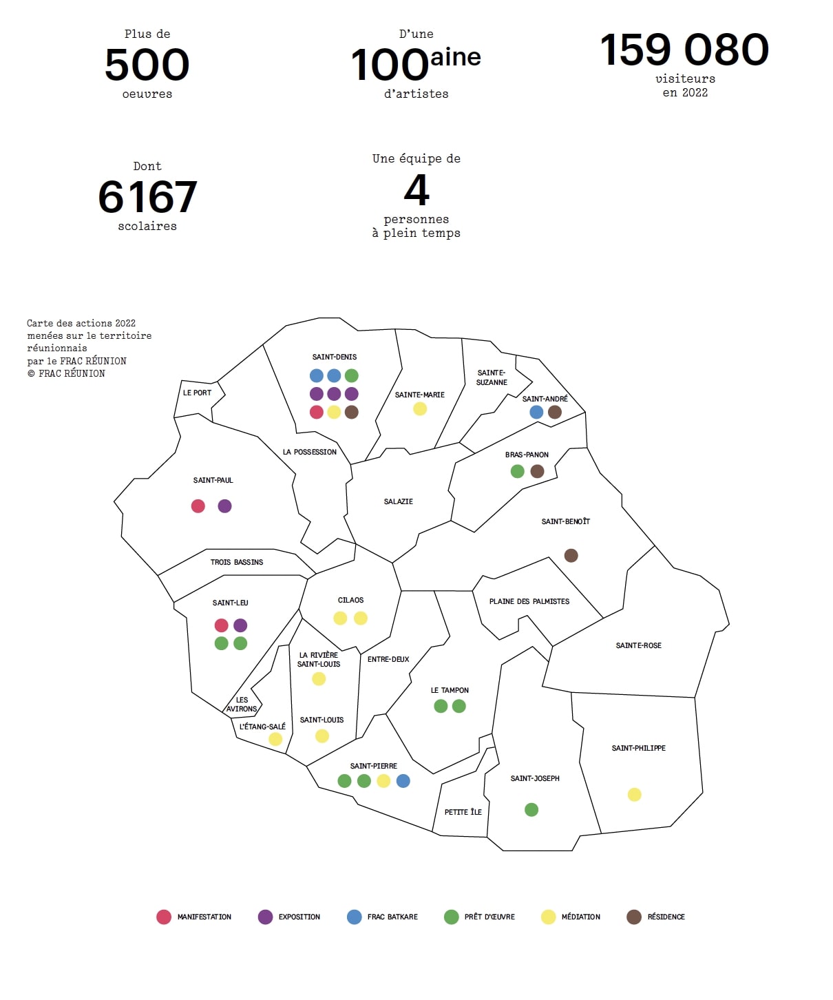 Chiffres clés et carte des actions 2022 menées sur le territoire réunionnais par le FRAC RÉUNION © FRAC RÉUNION