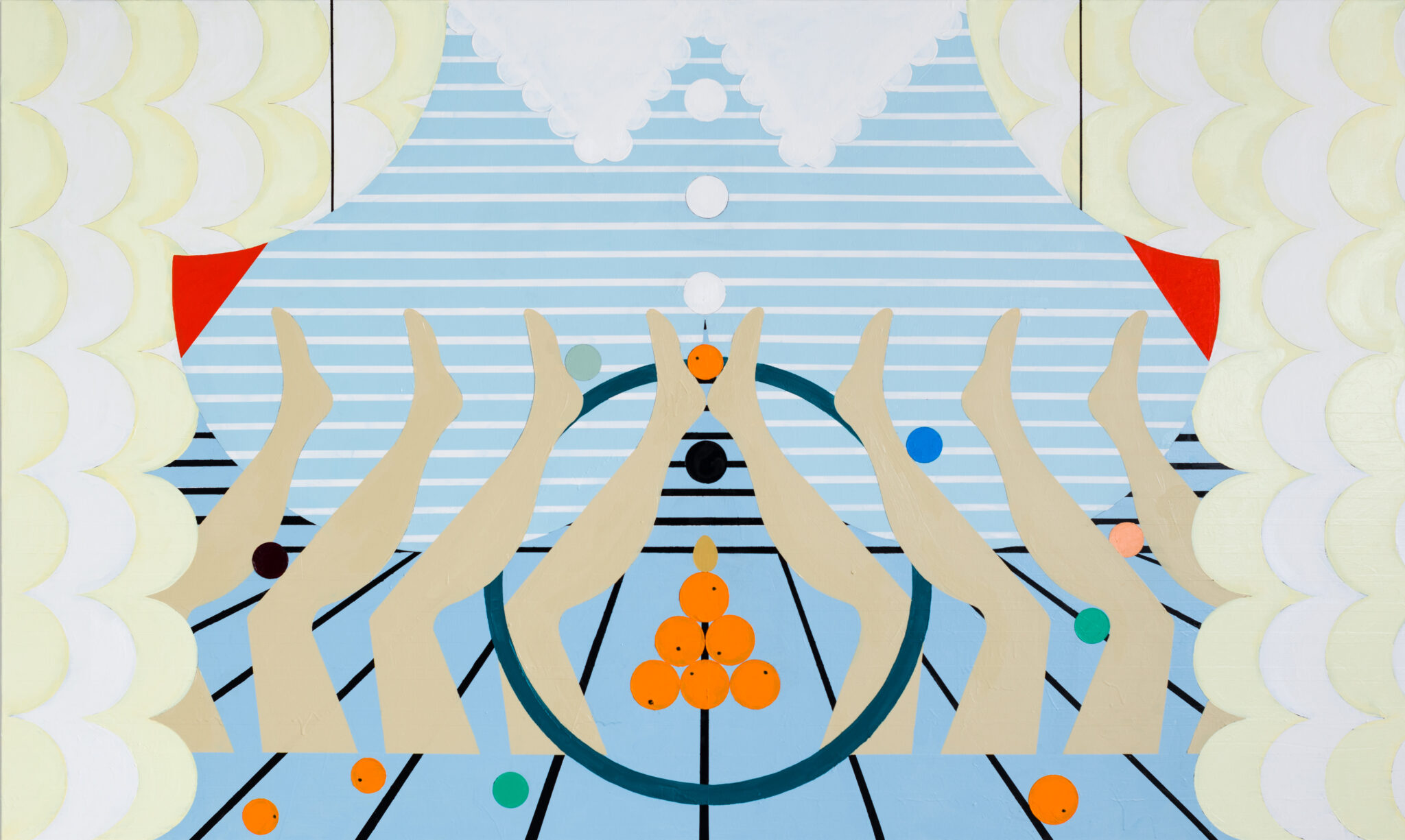 Visuel : Farah Atassi, Mechanical Cabaret 4, de la série Mechanical Cabaret, 2023. Peinture, huile et glycéro sur toile, 150 x 250 x 2,5cm. © Adagp, Paris. Collection du Frac Normandie. 