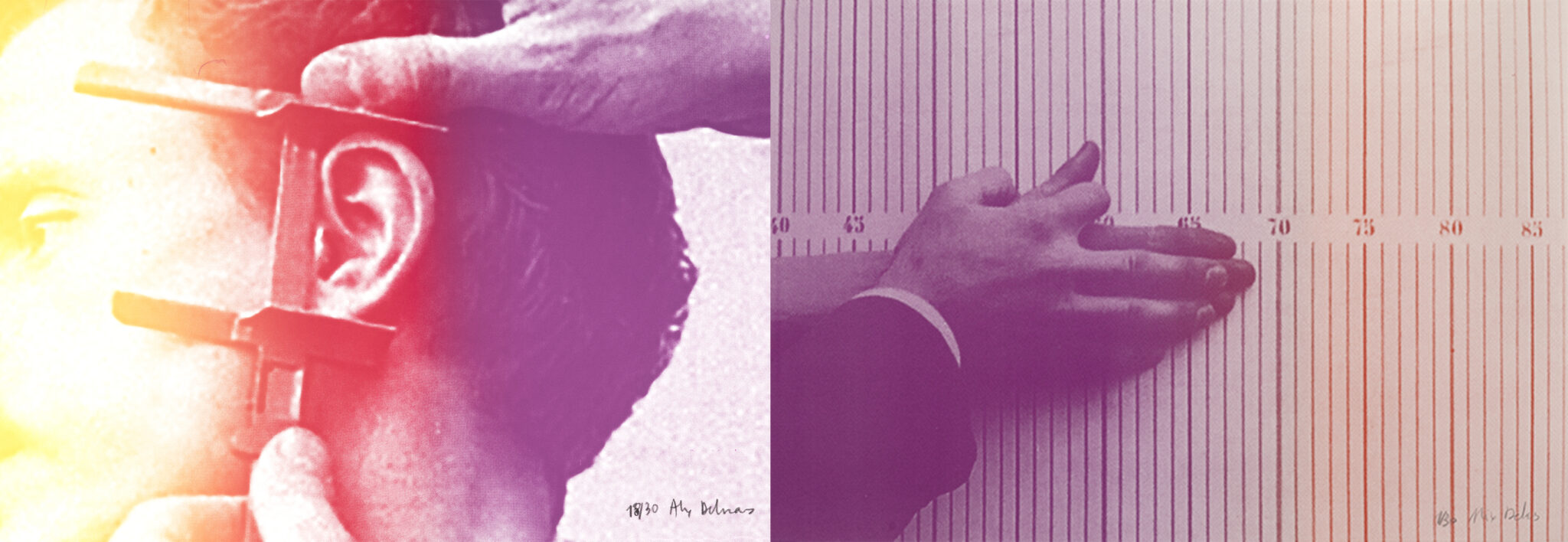 Alix Delmas, Valses anthropométriques #7 et #8, 2021-23, sérigraphie (ensemble de 8 estampes), 34 x 50 cm chacune. Avec le soutien de la Drac Île-de-France, sous les presses de l’Atelier Tchikebe, Marseille – Collection Frac Occitanie Montpellier. Photo Justine Viard. © Adagp, Paris 2025