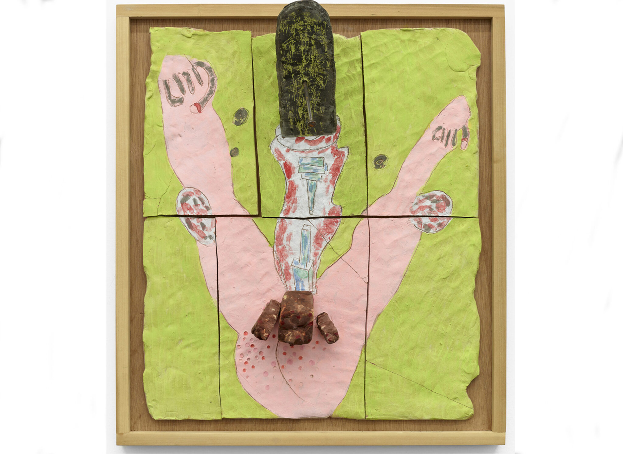 Richard Hawkins, Execrable Evacuation, 2016. Céramique vernis et clou métallique sur bois avec cadre. 65 x 57 x 16,5 cm. Collection FRAC Bourgogne