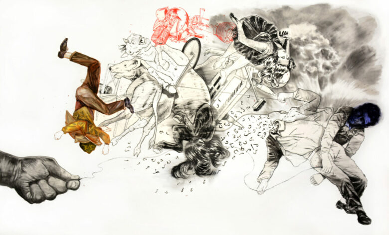 Mohamed Lekleti, Entre deux infinis tu nous tiens suspendus, 2022, techniques mixtes sur papier, 152 x 250 cm - Collection Frac Picardie. Photo : M. Lekleti. &copy; Adagp, Paris 2026